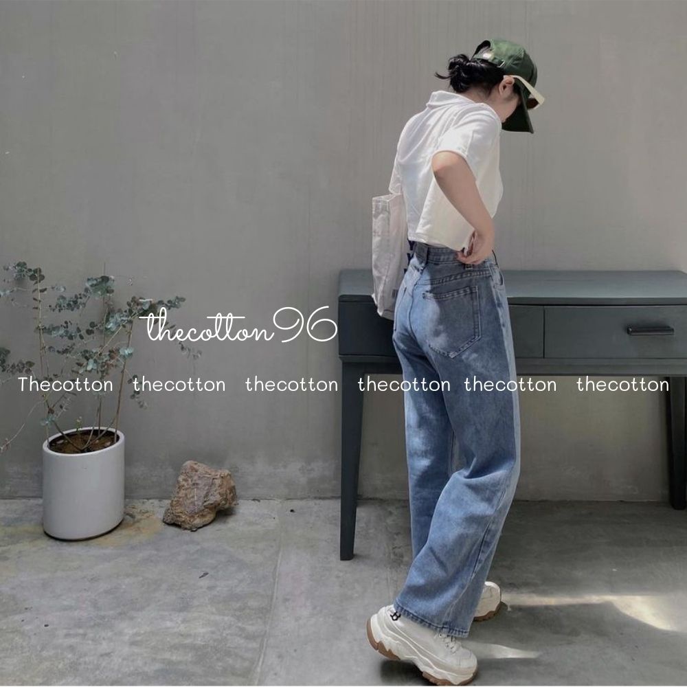 Quần bò ống suông lưng cao quần jeans ống rộng hàn quốc thecotton
