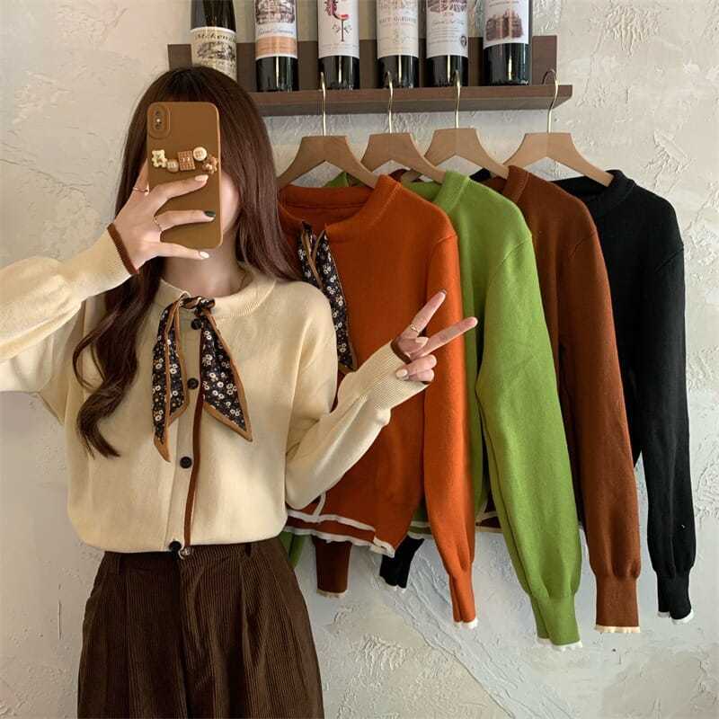 Áo Khoác Cardigan Dệt Kim Phối Khăn Quàng Cổ Lụa Dệt Kim Thời Trang Thu Đông Hàn Quốc Thiết Kế Mới Năm 2021