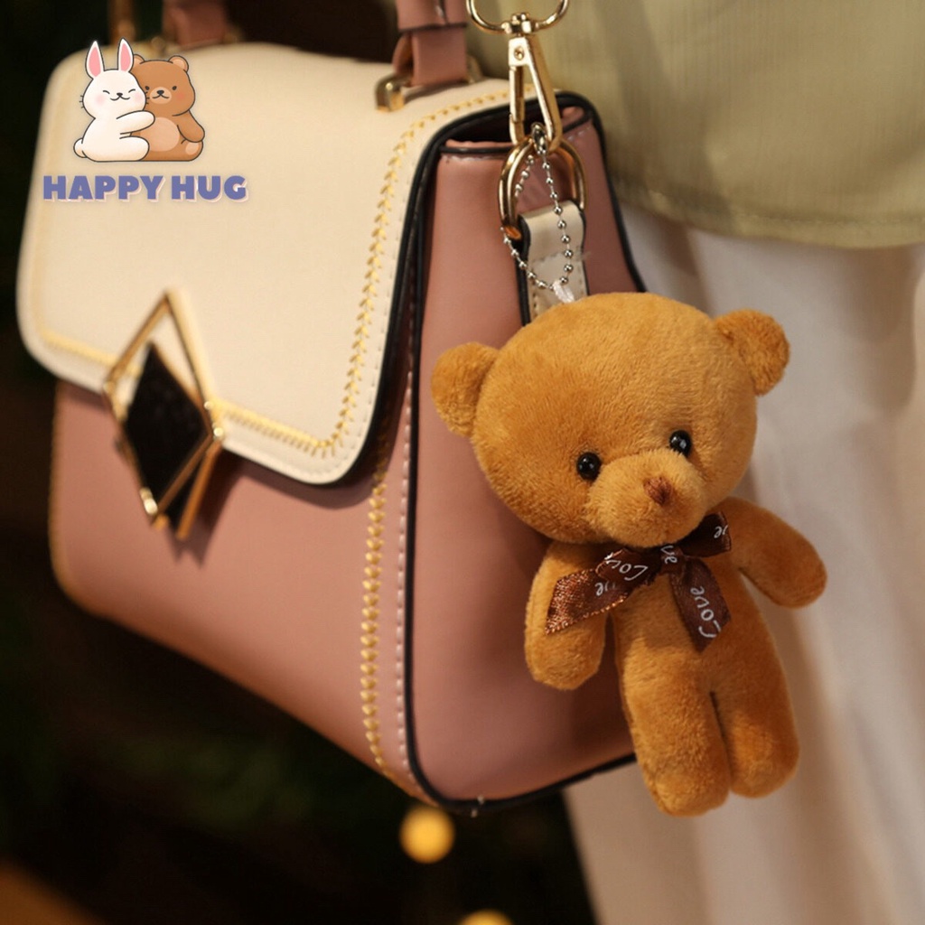 Móc khóa gấu bông,móc treo ba lô đính nơ dễ thương size 12cm, lông ngắn mềm mịn - Happy Hug