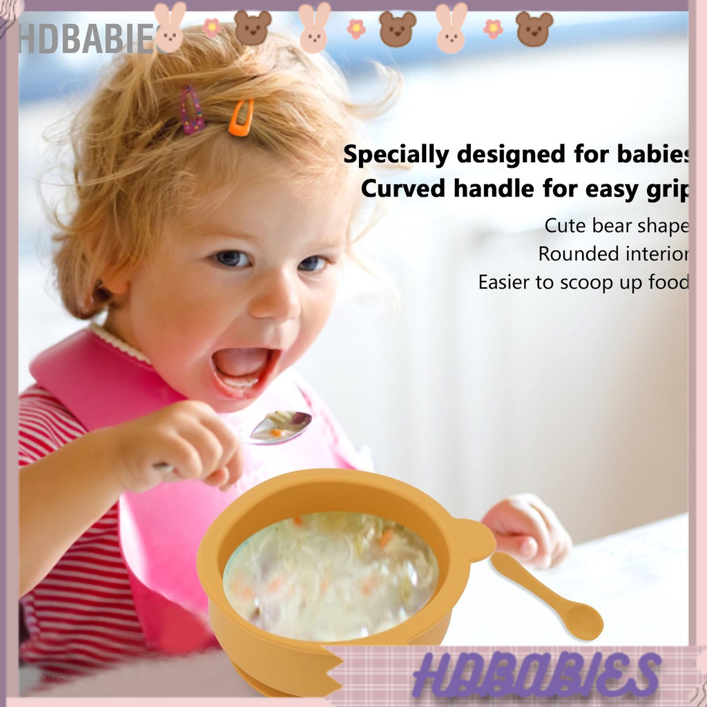 HDbabies Bộ thìa ăn cho bé bằng silicon với cốc hút dưới đáy Thìa bát trẻ mới biết đi tiện dụng nhà tại