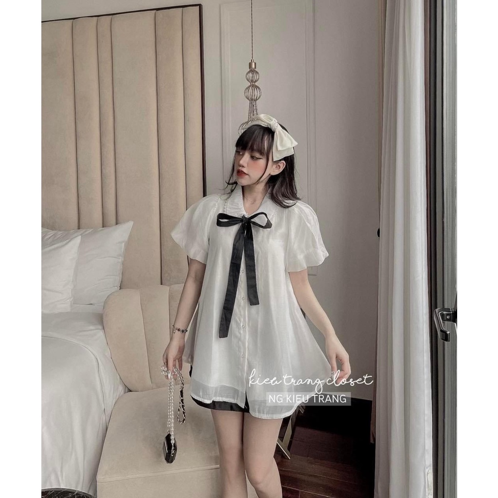 [ảnh thật-sẵn] Sơ mi tơ xước tay bồng 2 lớp thắt nơ