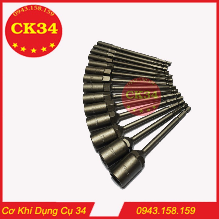 Chụp bulong, tuýp vặn khẩu sâu lòng 6-19mm cho khoan, bắn vít dài 150mm chuôi lục giác 14pc