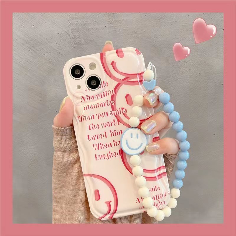 Ốp Điện Thoại Màu Hồng Thiết Kế Mặt Cười Kèm Dây Đeo Chuỗi Hạt Cho IPhone 12 13 11 Pro Max X Xs Max Xr Jkhj