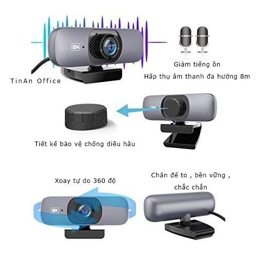 [ 2K, Micro, Góc nhìn siêu rộng 130°] Webcam UHD 2K Kèm Micro, Xoay 360 Độ, Góc nhìn siêu rộng 130°, Phù Hợp Hội Nghị