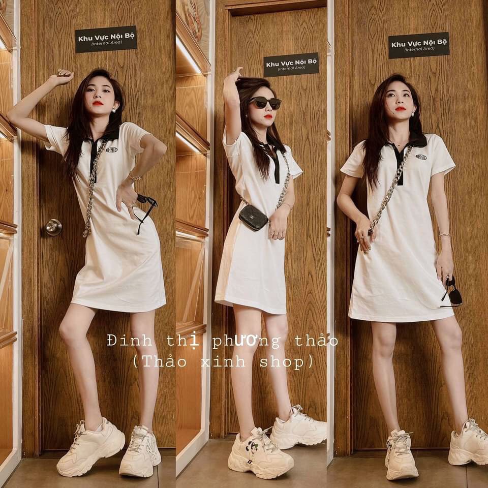 Đầm Polo Nữ Thêu Chữ Cộc Tay Dáng Rộng 🍉 VÁY POLO THUN BE ANNIE VIỀN CỔ ĐEN ULZZANG