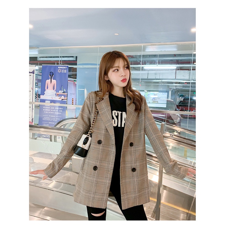ÁO BLAZER KẺ NÂU TÚI ĐỨNG KIỂU DÁNG HÀN QUỐC, BLAZER KẺ NỮ KHOÁC NGOÀI 2 LỚP