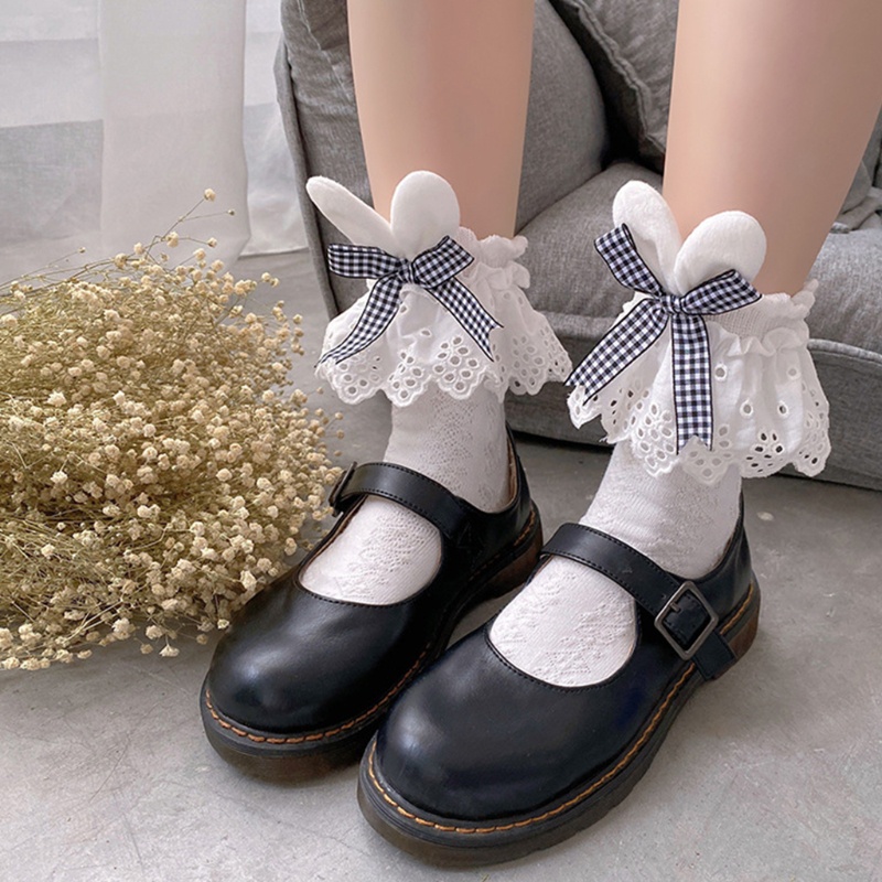 Vớ Ngắn Thêu Họa Tiết Caro Đính Nơ Tai Thỏ Phong Cách Lolita Nhật Bản 10MK