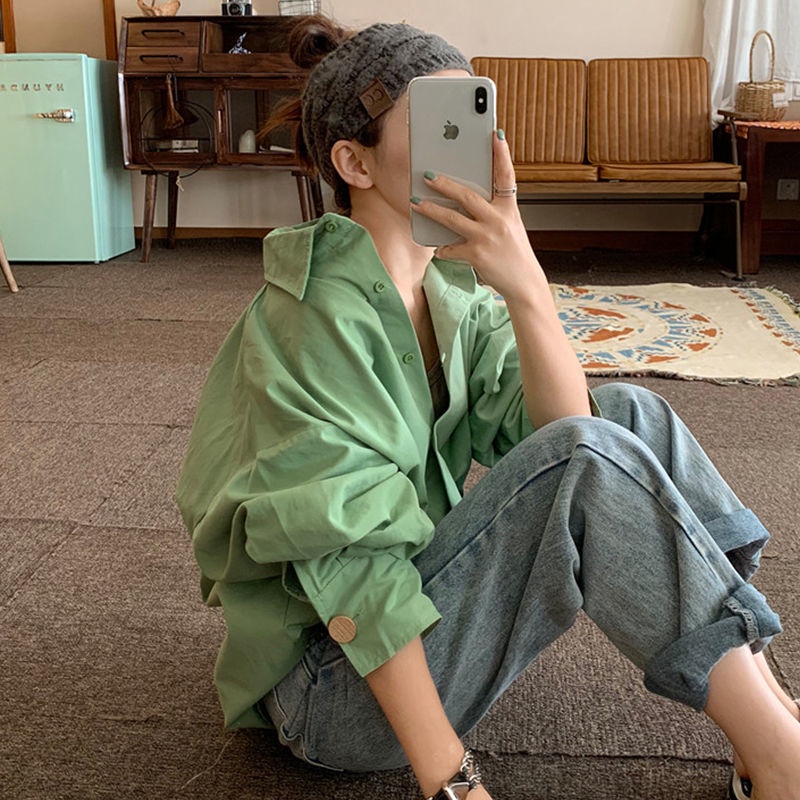 IELGY Áo sơ mi polo tay dài dáng rộng phong cách hàn quốc cổ điển