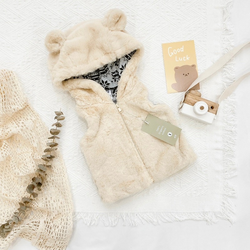 Áo Khoác Gile Lông Mũ Tai Gấu Cho Bé Gái