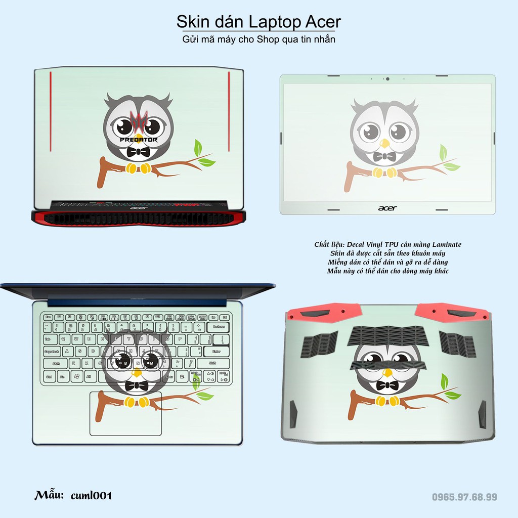 Skin dán Laptop Acer in hình Cú mèo (inbox mã máy cho Shop)