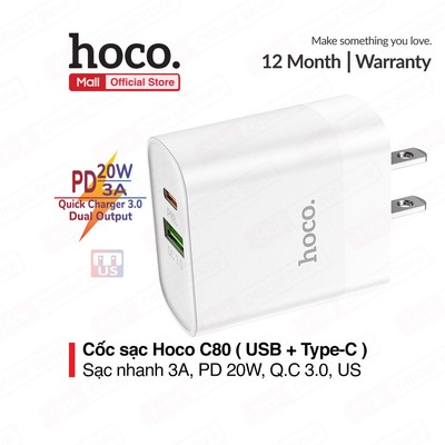 Củ sạc PD 20W Hoco C80 2 cổng ( USB + Type-C ) sạc nhanh tối đa 3A, Q.C 3.0, tương thích nhiều thiết bị, tiện lợi ( US )
