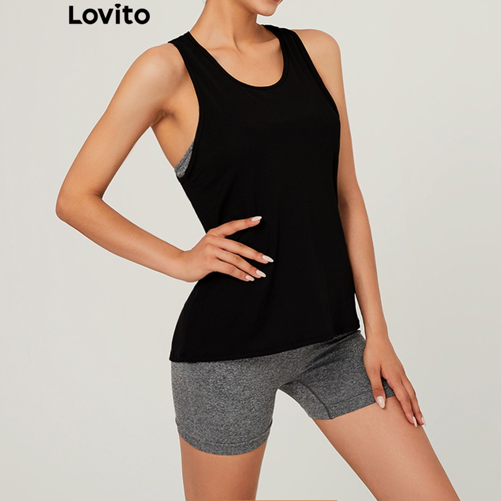 Áo thể thao Lovito trơn cắt lỗ bắt chéo cổ chữ U L03073 (màu đen)