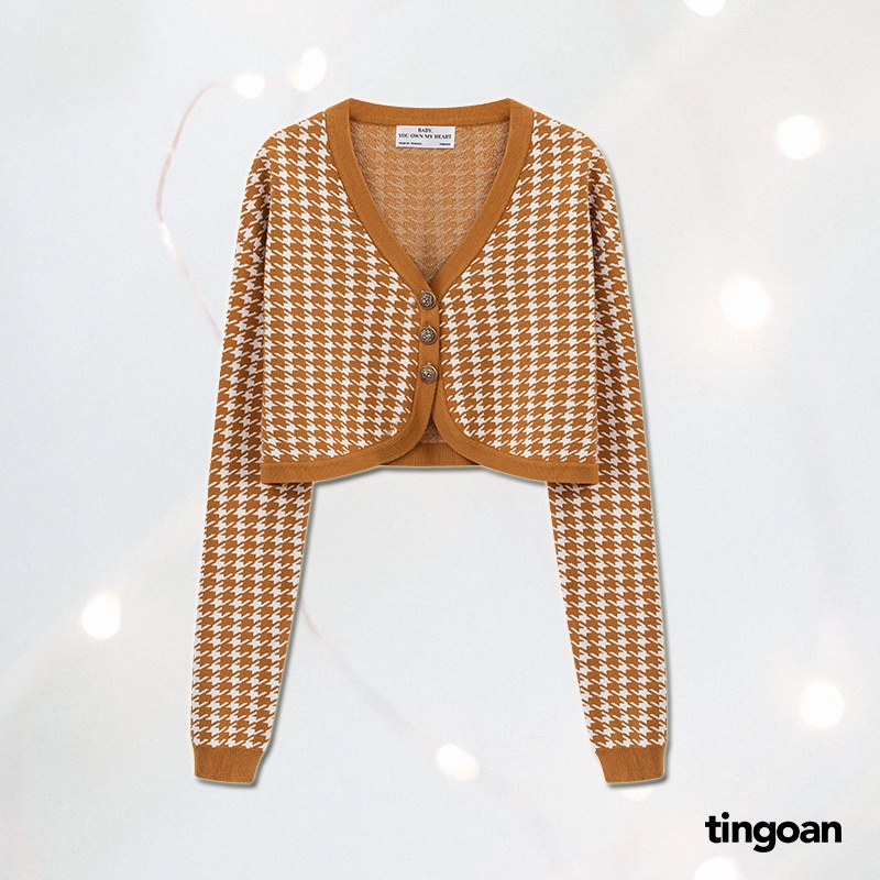 TINGOAN® - Áo set len xù cardigan lửng tặng kèm áo hai dây kẻ nâu HAPPY MOOD CARDIGAN/YL