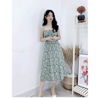 Bán sỉ Váy 2 dây hoa nơ ngực xanh xinh