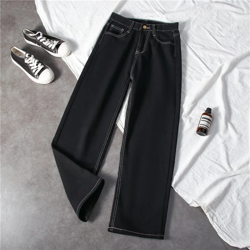 SUXI Quần Jean Dài Ống Rộng Lưng Cao Màu Đen Tôn Dáng Dễ Phối Đồ Cho Nữ