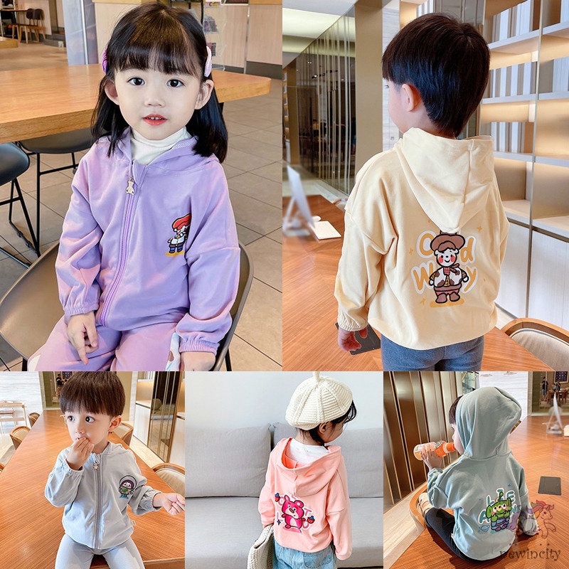 Áo khoác có mũ khóa kéo in họa tiết hoạt hình phong cách Hàn Quốc cho bé