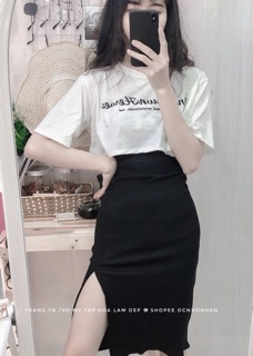 Set áo croptop phối chân váy xẻ tà