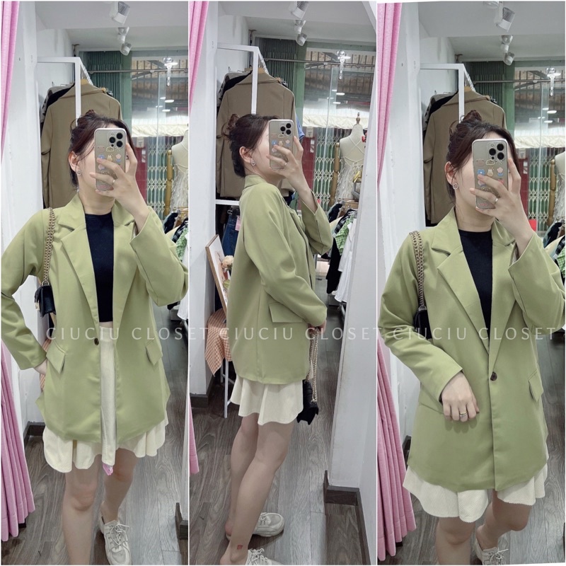 [Sẵn] Áo Khoác Vest Blazer Nữ Hàn Quốc Màu Xanh Bơ 2Lớp Đi Học Đi Làm