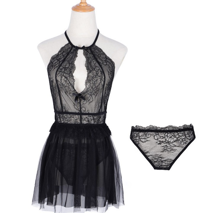 Váy ngủ ren sexy kiểu áo yếm khoét ngực hở lưng xuyên thấu màu đen huyền bí | BigBuy360 - bigbuy360.vn