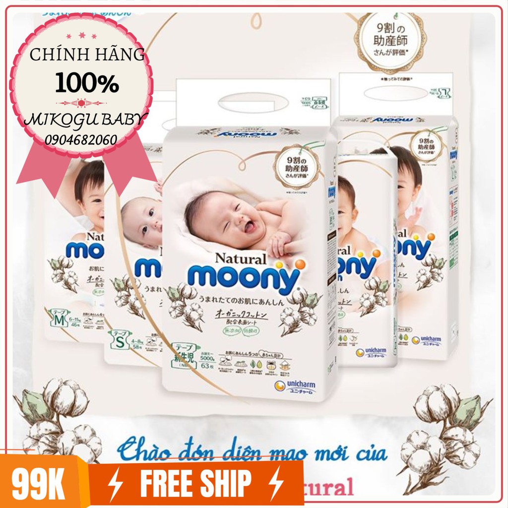 TÃ/BỈM MOONY NATURAL NỘI ĐỊA NHẬT SIÊU CAO CẤP CHÍNH HÃNG CỘNG MIẾNG DÁN/QUẦN ĐỦ SIZE NB63/S58/M48/L36/XL32