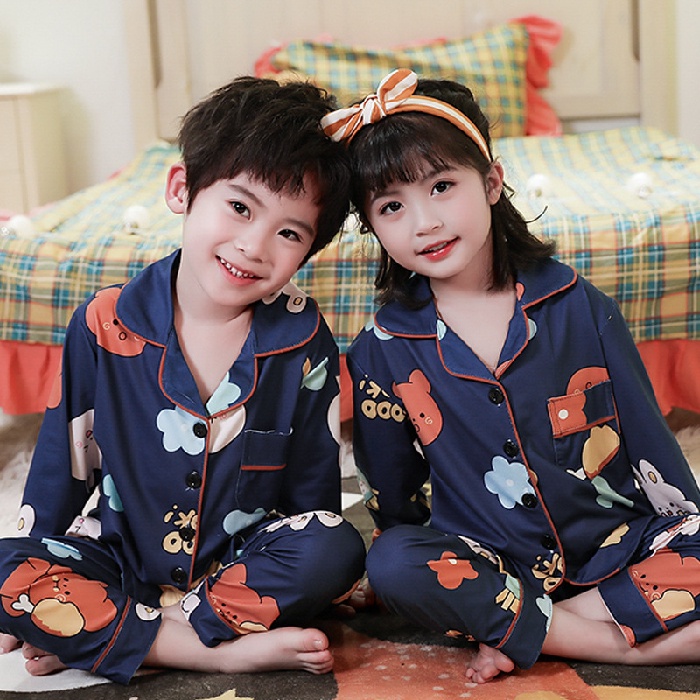 Bộ Đồ Ngủ Tay Dài Chất Liệu Cotton In Họa Tiết Hoạt Hình Phong Cách Hàn Quốc Xinh Xắn Cho Bé