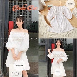 [Ảnh thật/Video]Váy trễ vai cúc bọc siêu xinh