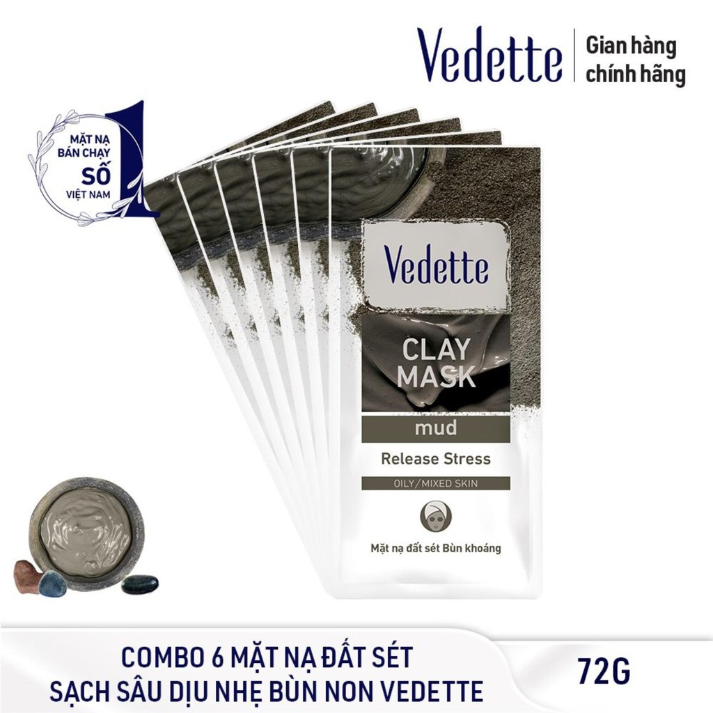 COMBO 6 MẶT NẠ ĐẤT SÉT BÙN KHOÁNG 12g VEDETTE - THANH LỌC &amp; GIẢM CĂNG THẲNG - TPMY124