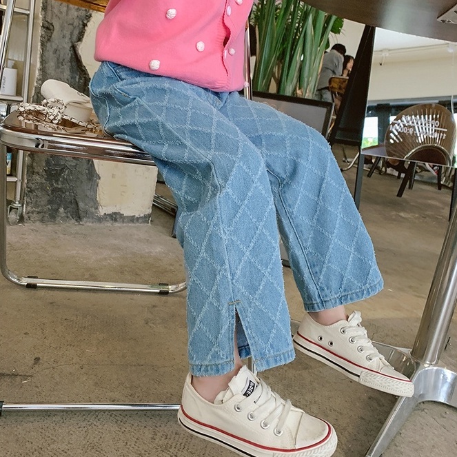 Quần Jeans Ống Rộng Họa Tiết Sọc Caro Phong Cách Hàn Quốc Thời Trang Cho Nữ