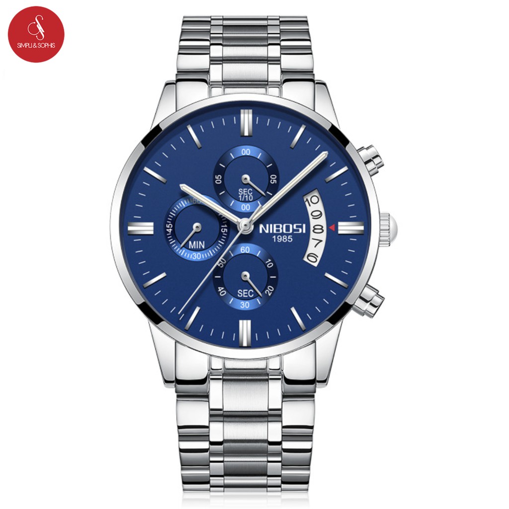 Đồng hồ nam NIBOSI 2309 cap cấp 43mm (Mặt xanh dây bạc) + Tặng hộp đựng đồng hồ thời trang