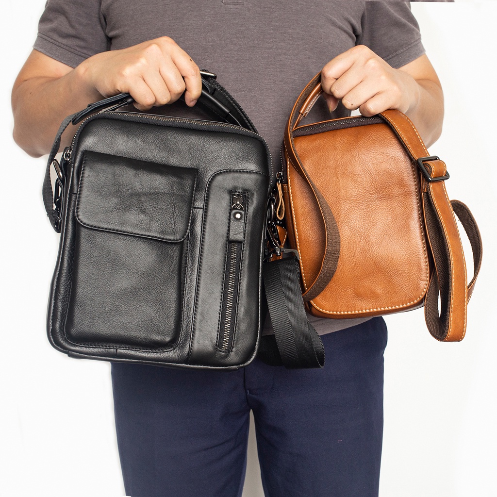 Túi nam đeo chéo Bụi leather - DC103, màu đen, nhiều ngăn đựng vừa sách vở, các giầy tờ dụng cụ cá nhân -BH 12 tháng
