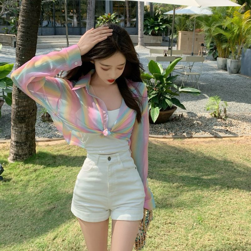 Áo Sơ Mi Ngắn Kẻ Sọc Màu Sắc Thời Trang Mùa Hè Hàn Quốc Cho Nữ