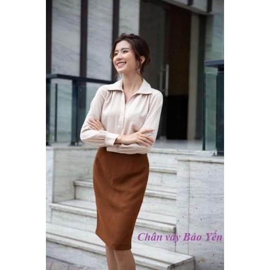 Chân váy bút chì màu nâu bò tới gối xẻ sau(sẵn size)- M85