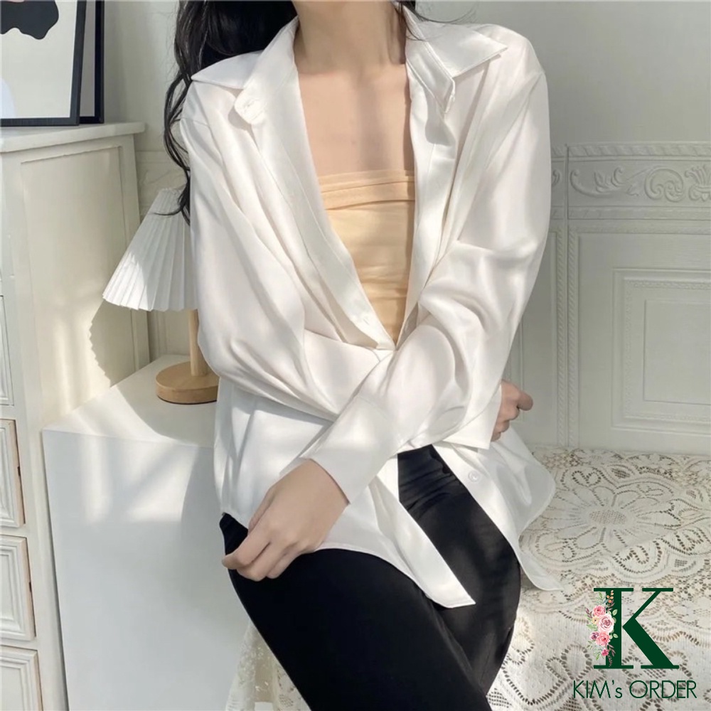 Áo Sơ Mi Nữ Màu Trắng Màu Xanh Basic Cổ Sơ Mi Dài Tay Cài Cúc Phom Rộng Chất Sơ Mi Lụa Hàn Thấm Mồ Hôi Không Nóng