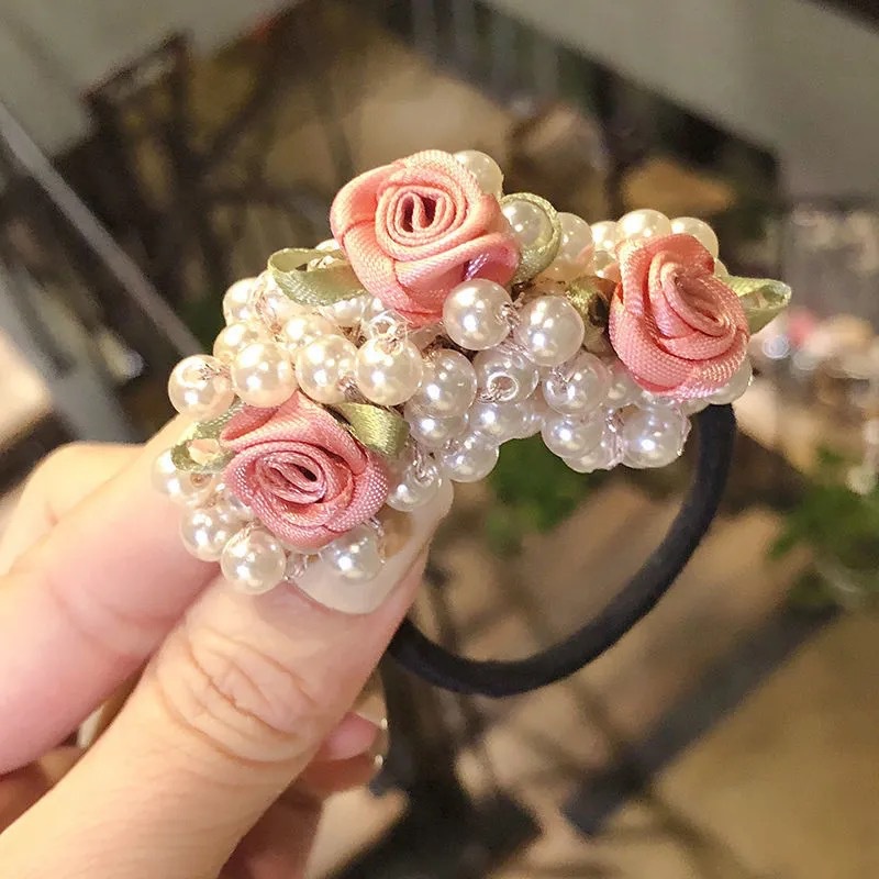 Dây Cột Tóc Cao Su Co Giãn Hình Hoa Đính Ngọc Trai Đơn Giản Thời Trang Phong Cách Hàn Quốc