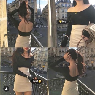 Set áo croptop cổ rộng lệch vai tay dài khoét lưng kèm chân váy ôm cạp cao - by SugarG