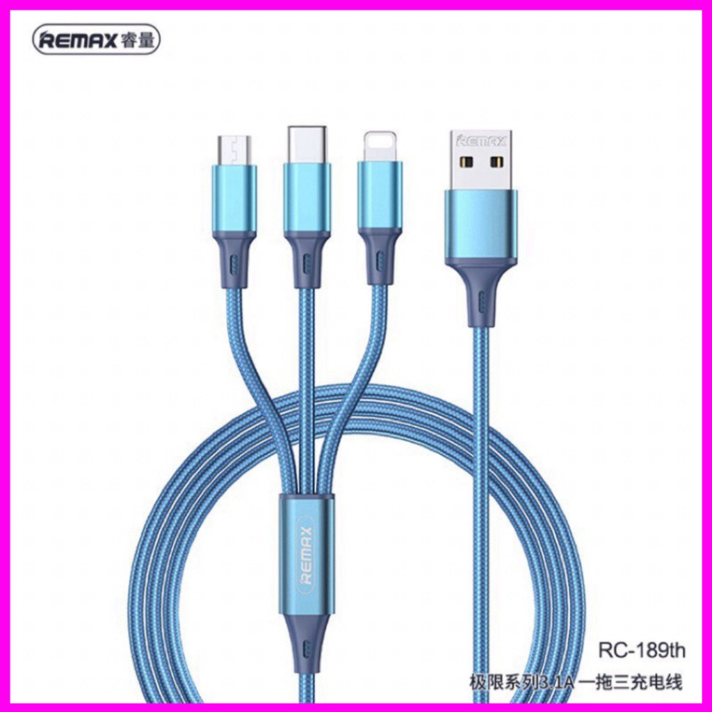 Cáp Sạc Nhanh Remax 3 Đầu RC-189th Trang Bị 3 cổng sạc Lightning + Micro USB + Type C (CHÍNH HÃNG BẢO HÀNH 1 NĂM)