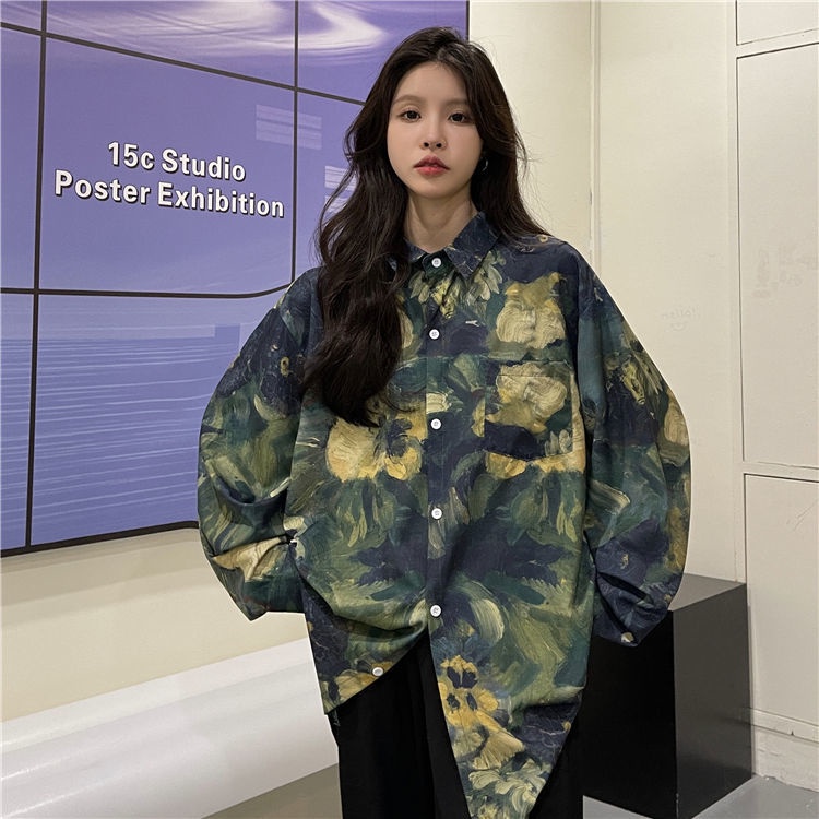 Áo Sơ Mi Dáng Rộng In Họa Tiết Màu Xanh Lá Phong Cách Mới Cho Nữ
