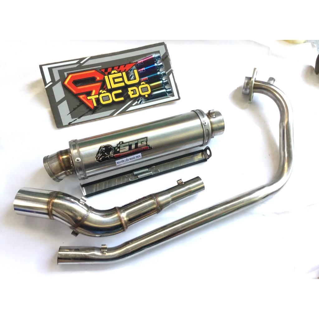 Bộ pô STB TRẮNG full cổ cong 2 khúc gắn cho nhiều loại xe