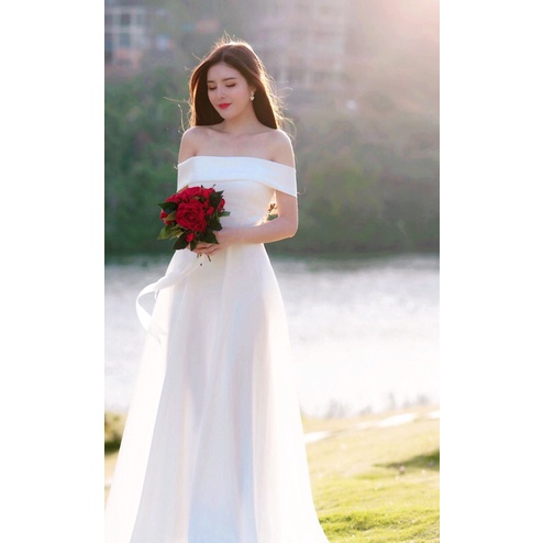 ELIES Đầm cưới đi bàn tối giản rớt vai phong cách Hàn màu trắng có size