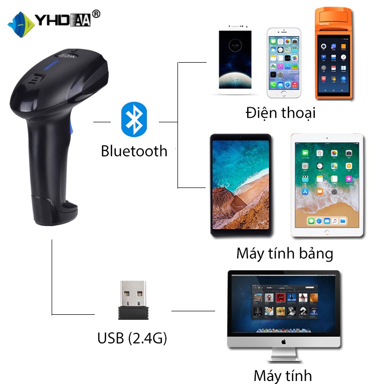 Máy quét mã vạch Bluetooth YHD 1100CB 1D đọc mã vạch Barcode 1D kết nối được với Điện thoại, Máy tính, Laptop, IPAD