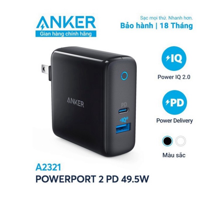 Sạc ANKER PowerPort II PD 49.5w (1 PD và 1 PIQ 2.0) - A2321 BH 18 Tháng Chính hãng Anker Việt Nam