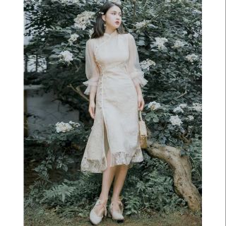 [ORDER+ẢNH THẬT] Đầm sườn xám hoa mai vàng cách tân, xẻ tà, phong cách retro cổ trang ngọt ngào 😍