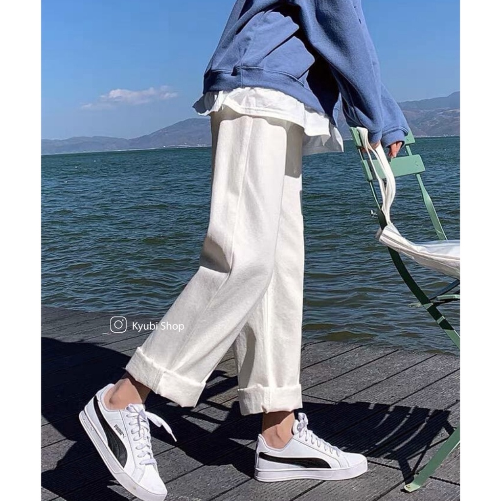 Quần kaki jean trắng ống suông phong cách Ulzzang Hàn Quốc - Quần jean bò ống rộng Trắng Sữa Kyubi - BJRKR.T