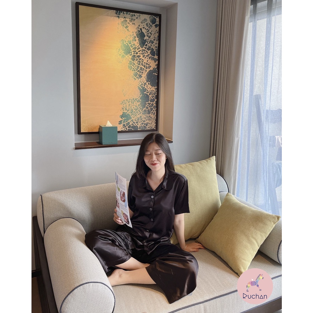 Bộ đồ ngủ nữ pyjama lụa sang chảnh RUCHAN kiểu set áo tay ngắn quần ngắn dễ thương nhiều màu