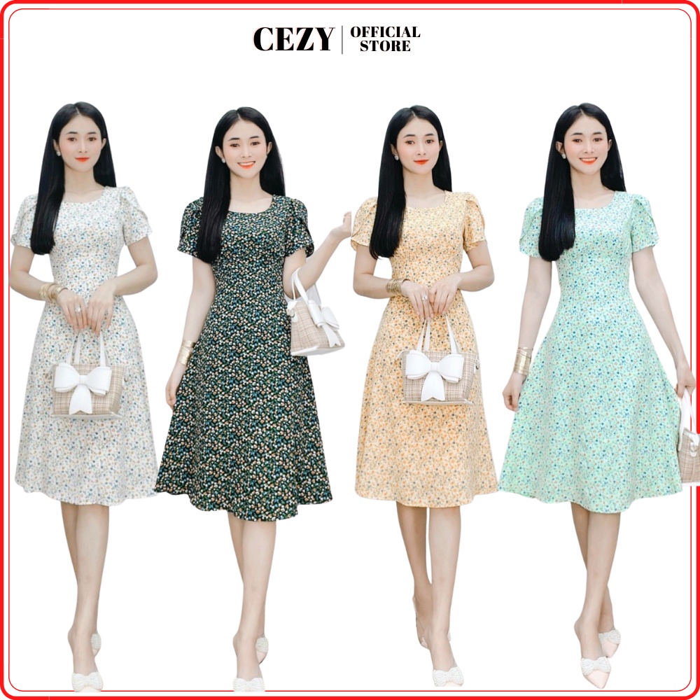 Đầm xòe hoa nhí cổ tròn tay búp dây thắt nơ eo có size bigsize CEZY D91