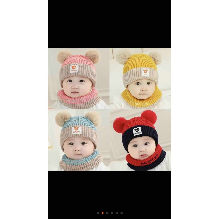 Mũ len kèm khăn quấn cổ đính bóng MICKY lông dễ thương cho bé