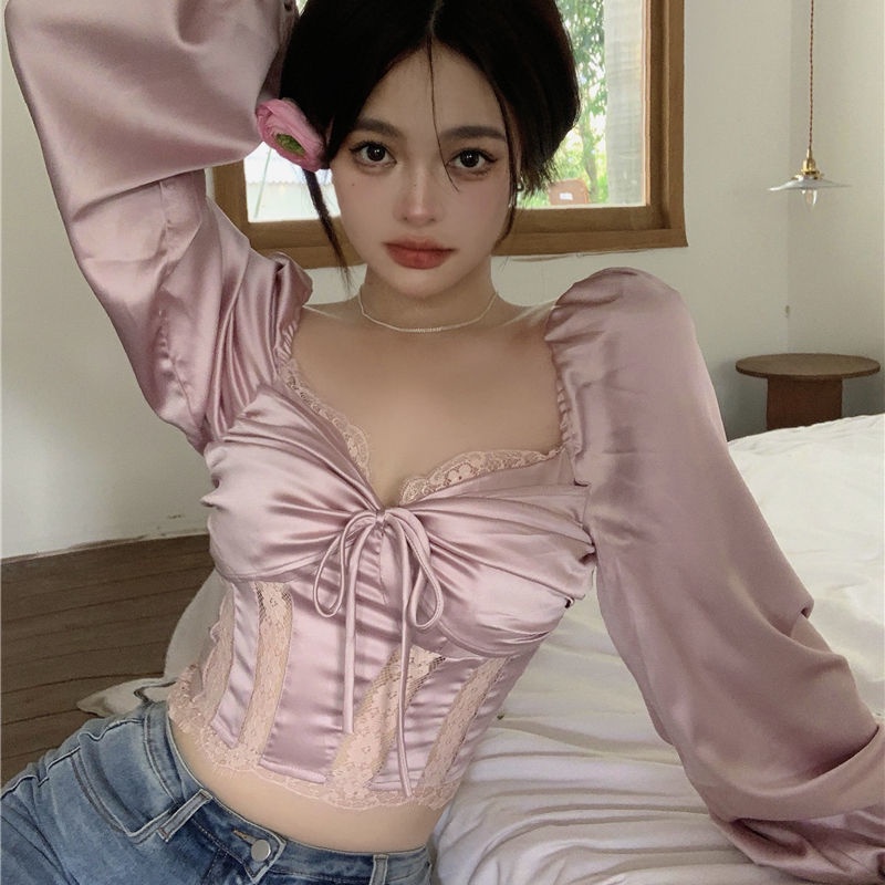 Áo Sơ Mi Vải Satin Dài Tay Phối Ren Phong Cách Pháp Thời Trang Xuân Hè Mới Cho Nữ