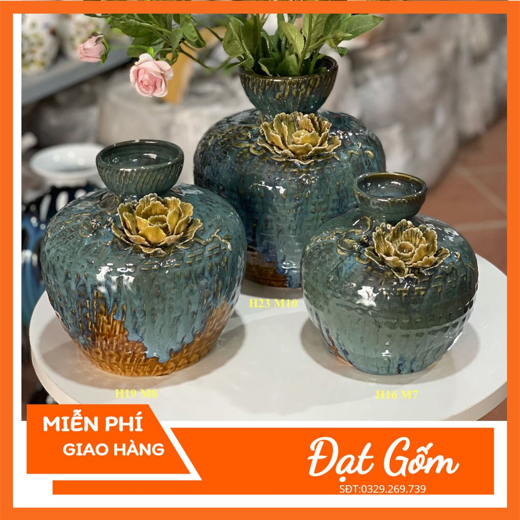 Lọ hoa bình cắm hoa cổ thắt miệng tài lộc - men hỏa biến đắp nổi cánh hoa gốm sứ Bát Tràng