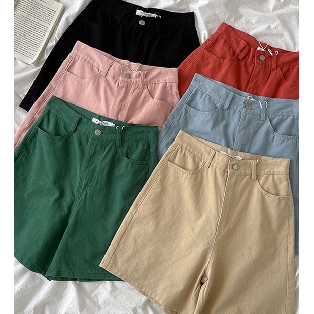 Quần short BH denim lưng cao ống rộng màu sắc tươi sáng phong cách Hàn Quốc dành cho nữ