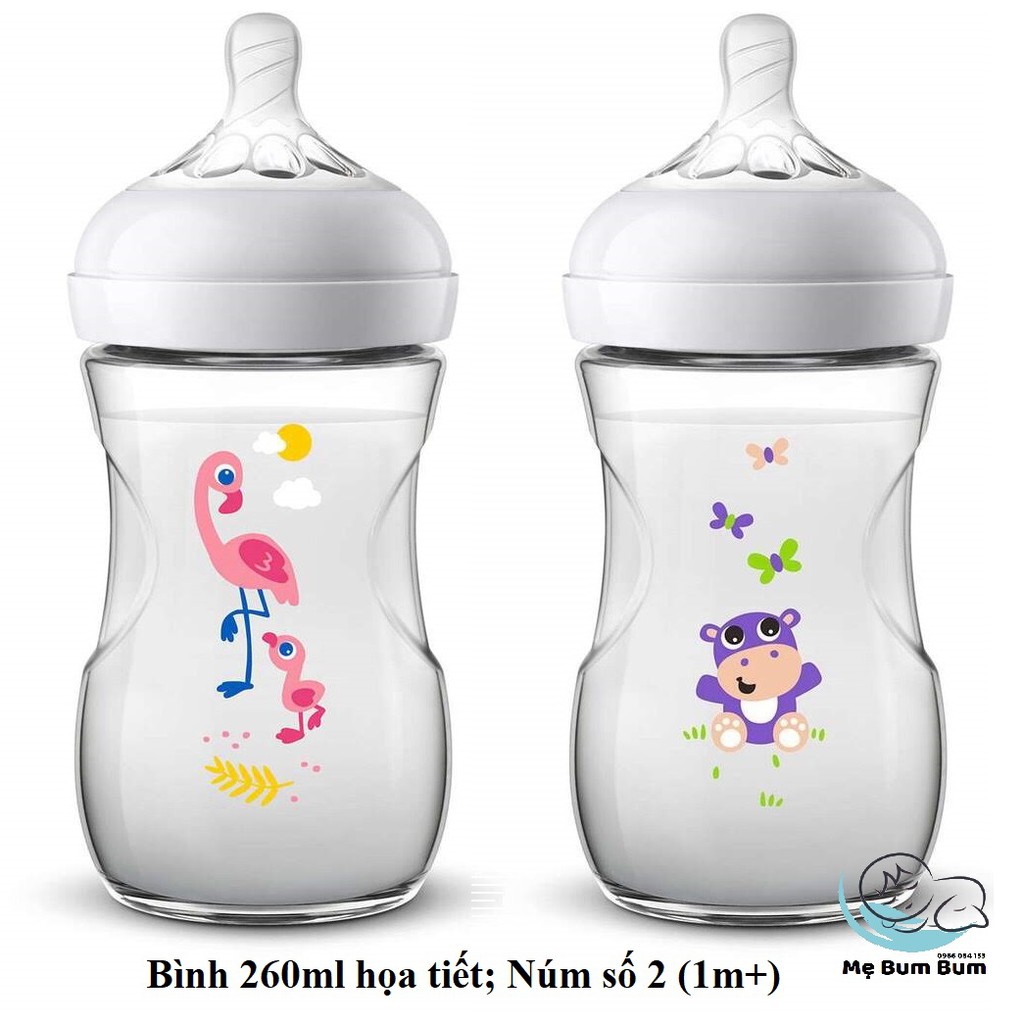Bình sữa Avent Nautural 260ml Họa tiết Hà mã, Hạc hồng